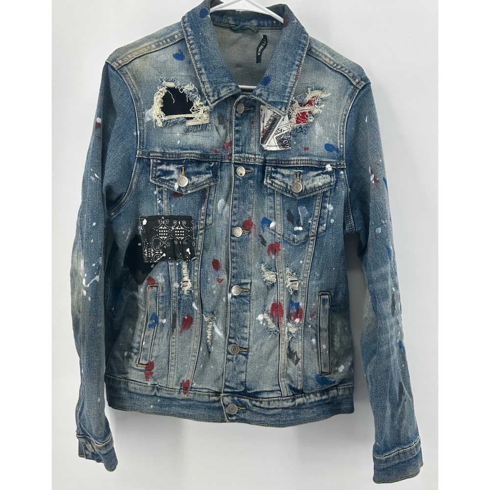 Embellish NYC Mens Distressed Paint Splatter Patchwork Denim Jacket Blue Medium